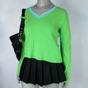 90s Y2k Tommy Hilfiger Green Preppy Cable Knit V-Neck Sweater Size XL Vintage